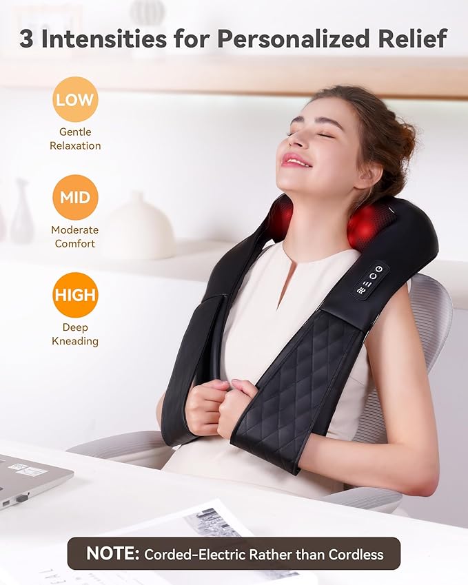 Shiatsu Neck and Back Massager Corded Electric Neck Massager with Heat for Pain Relief Deep Tissue 4D Kneading Shoulder Massager Pillow for Whole Body Relaxation Gifts for Mom Dad Friends