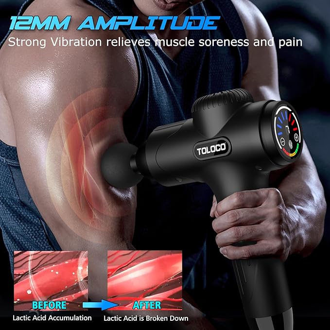 TOLOCO Massage Gun Deep Tissue Percussion Massage Gun with 10 Replacement Heads Super Quiet Portable Electric Massager for Athletes Relax Black