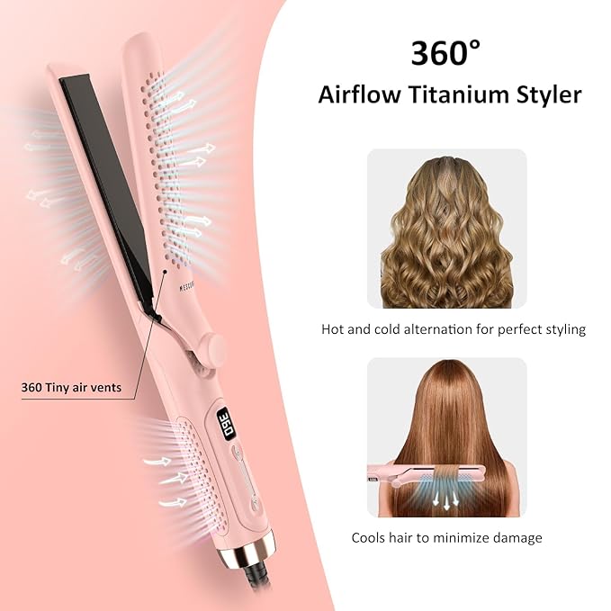 360° Airflow Styler Curling Iron - 1.25 Inch Hair Straightener and Curler 2 in 1 with Vented Cool Air to Lock in Style Extra LongFlat Iron Curling Wand Dual Voltage for Europe Travel