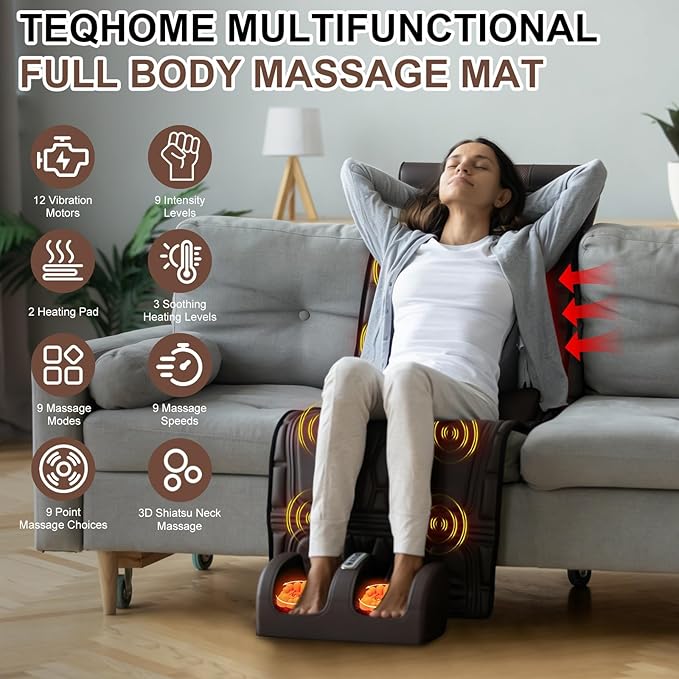 Full Body Massage Mat with Heat &amp Movable Shiatsu Neck Back Massager Pillow &amp Foot Massager Massage Mattress Pad with Top Pillow &amp Lumbar Support 12 Vibration Motors9 Massage Modes &amp