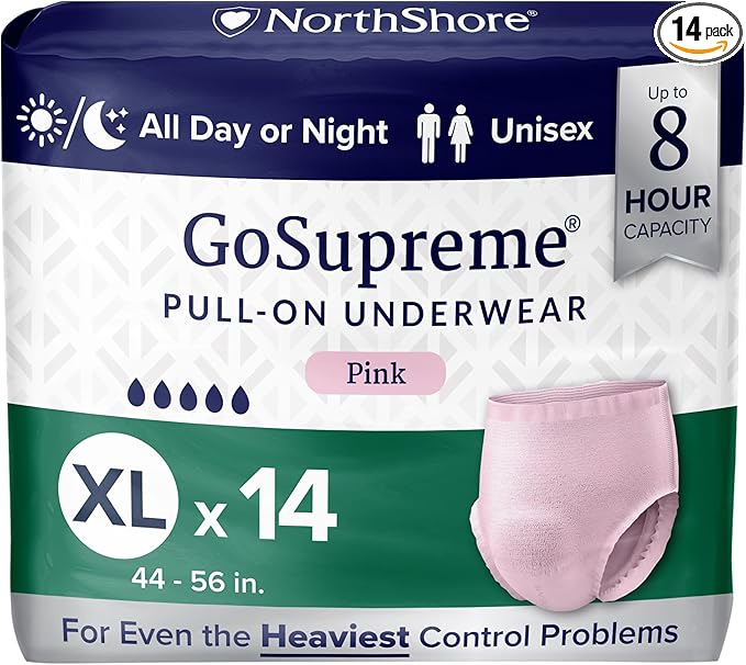 NorthShore GoSupreme Overnight Pull-On Underwear 8-Hour Leak Protection X-Large 14-Count Bag Pink (44-56 in Waist) Unisex Adult Diapers