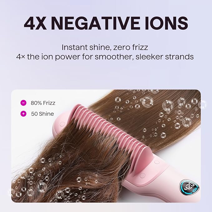 Wavytalk Hair Straightener Brush Sleek Sweep Ionic Straightening Brush Anti-Scald Ceramic Straightener Comb with LED Display for Super Smooth Hair Dual Voltage Pink.
