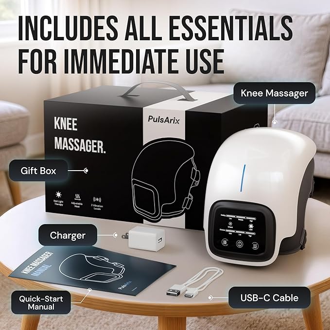 Heated Knee Massager with Red Light &amp Vibration 3 Heat &amp 3 Vibration Levels Memory Function Cordless 3000mAh Rechargeable LED Touch Panel Auto 10-Min Shut-Off USB-C Charger White