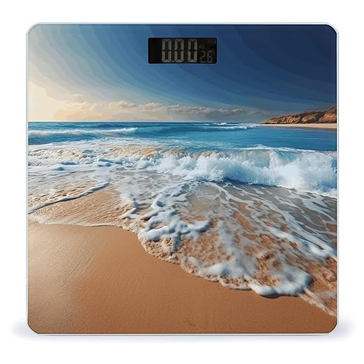 Blue Sea Sandy Beach Digital Bathroom Scale for Body Weight Weighing Scale with Backlit LCD Display High Precision Measurements &amp Measures Weight Up to 180kg
