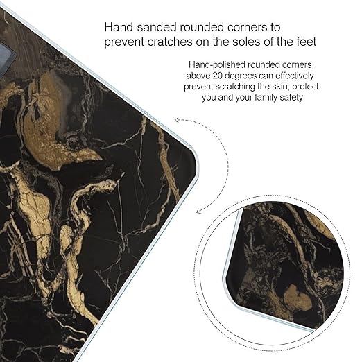 Gold Black Marble Scale for Body Weight Anti-Slip Tempered Glass Digital Bathroom Scales Clear LCD Display Weighing Scale Safe Rounded Corners Smart Scales