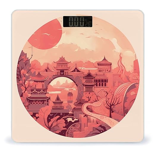 Chinese Architectural Patterns Bathroom Scale Automatic Power On/Off Body Scales LCD Backlight Display Square Digital Scale Rounded Corners Bathroom Scales for Home Bedrooms