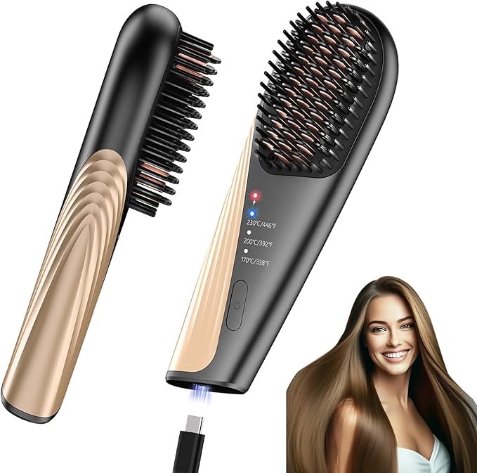 Go Brush Pro Cordless Hair Straightener Brush - Portable Travel-Friendly 30s Quick Heat 10000mAh USB-C Rechargeable 150M Negative Ions (Strai-Grey)