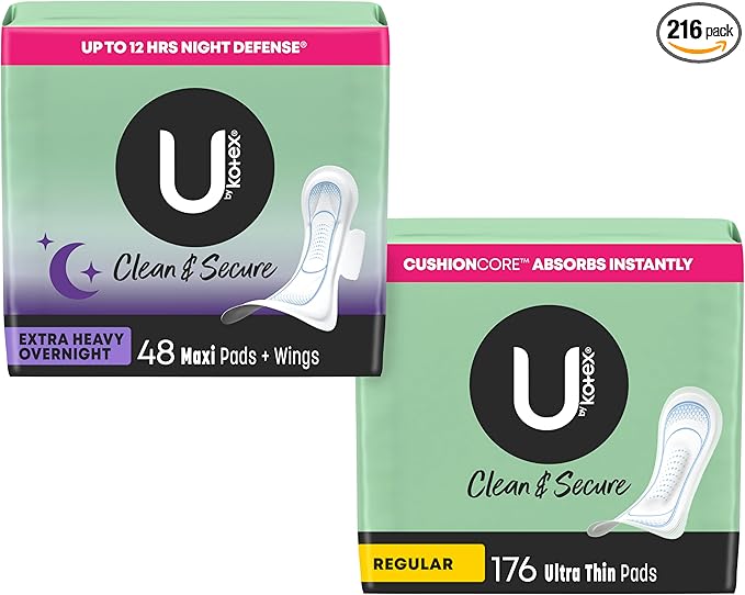 U by Kotex Clean &amp Secure Day/Night Bundle: Ultra Thin Pads Regular Absorbency 176 Count &amp Overnight Maxi Pads with Wings Extra Heavy Absorbency 48 Count (Packaging May Vary)