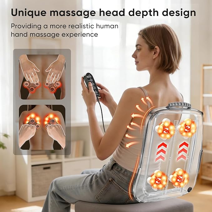 Shiatsu Back Massager with Heat 4D Deep Tissue Massage for Pain Relief Portable Rechargeable Electric Back Massager for Chair Home Office CarGift-Ready for Men Women