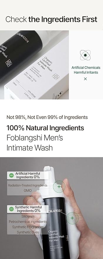 100% Natural Ingredients Premium Organic Intimate Wash for Men pH Balanced Foaming Hygiene Wash Gentle Daily with Probiotics Reduce Odor Sensitive Skin Sulfate-Free Vegan Korea No.1