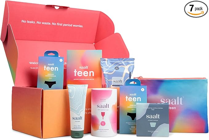 Saalt Teen First Period Kit - Includes Leakproof Period Underwear Menstrual Cup Menstrual Cup Wash Compact Sanitizer Feminine Wipes Storage Bag Saalt Stickers &amp Period Care 101 Booklet - Sma