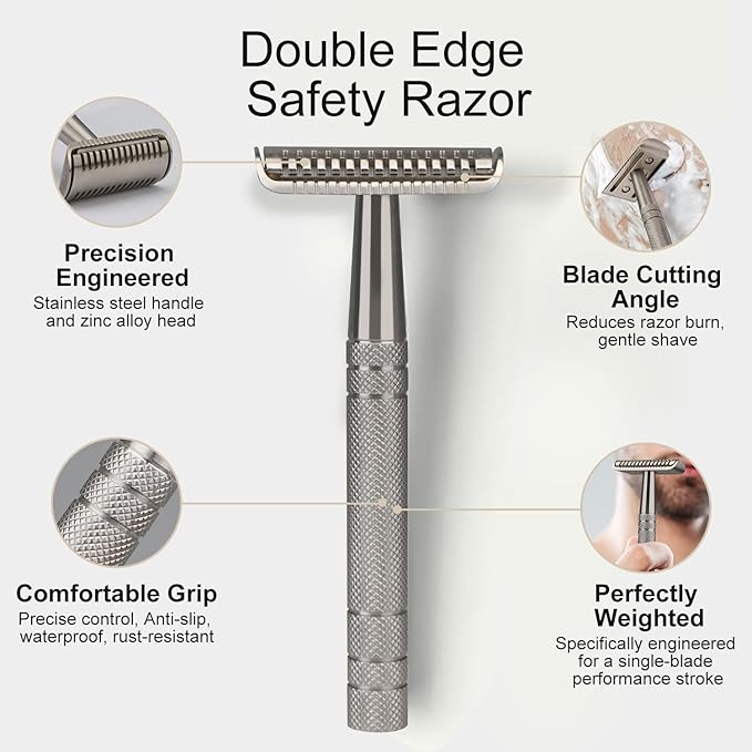 Silver Stainless Steel Safety Razor with Razor Blade Disposal Container