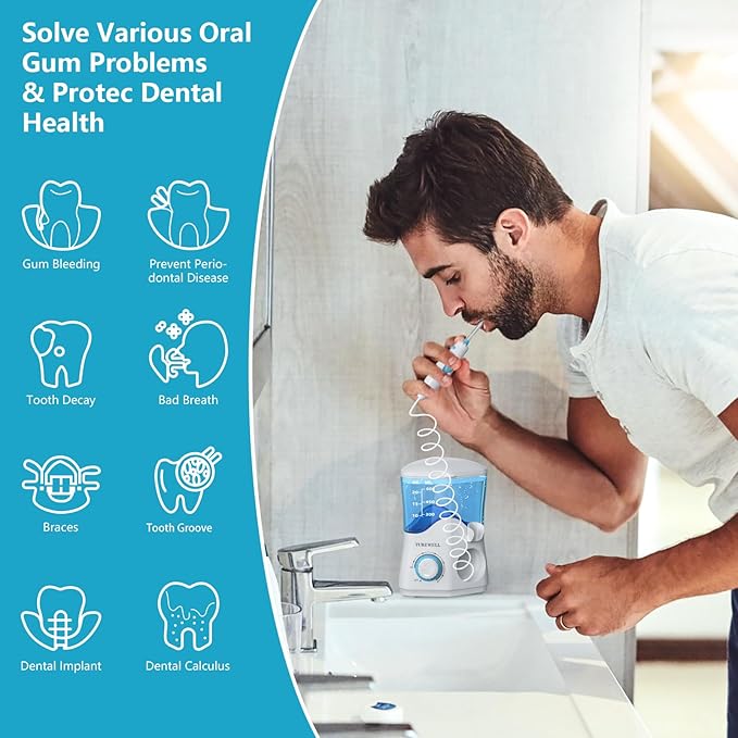 TUREWELL Water Dental Flosser for Teeth/Braces Water Teeth Cleaner 8 Jet Tips and 10 Pressure Levels 600ML Large Water Tank Oral Irrigator for Family(White)