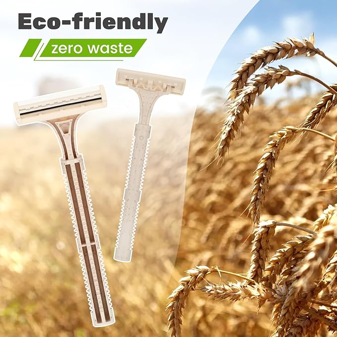 Eco-Friendly Wheat Straw Disposable Shave Kit - 50 Pcs Wheat Straw Razors and Shaving Cream(10g) Bulk Individually Sealed for Hotel Airbnb Camping Travel Homeless Shelters and Charities