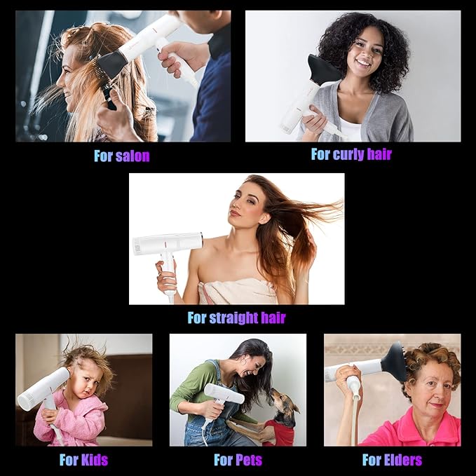 Hair Blow Dryer with Diffuser IG INGLAM Professional High Speed Brushless Motor Negative Ion Low Noise Constant Temperature 3 Heat Settings 3 Speeds and Cool Shot Brutton Powerful Ionic Hair Dryer