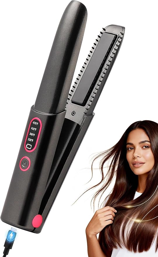 Mini Cordless Hair Straightener Rechargeable - 0.7 Inch Ceramic Fast Heat Up for Long Short Hair - 2 in 1 Styling Tool Small Flat Iron 320℉ 360℉ 410℉ 470℉