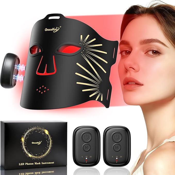 HSA FSA Gracekey Red Light Therapy for Face 4-in-1 Colors LED Facial Light Therapy Mask Dual 2000mAh Rechargeable Light Therapy with Timer for Home Use