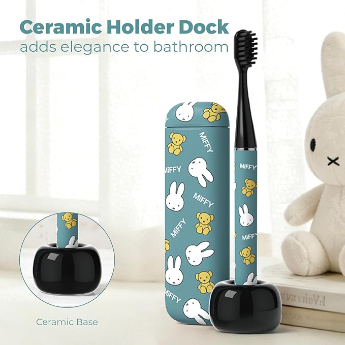 MIPOW Miffy BrushGo i4 Slim Electric Toothbrush Sonic Vibration Rechargeable Magnetic Travel Case &amp Ceramic Holder Dock 60Day Long Battery Soft Bristles 2Heads IPX7 Waterproof (Blue)