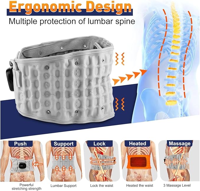 Heated Back Support Belt Adjustable Lumbar Brace for Comfort and Warmth Massage Inflatable Brace for Spinal Lumbar Woman Men Heating Pad