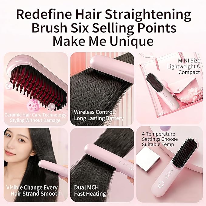 Go Pro Hair Brush for Short Hair - 2026 Upgraded Hair Straightening Comb 30-Second Rapid Heating 4 Temperature Settings 4000mAh Battery with Fast Charging - Your Travel Essential (Beige)