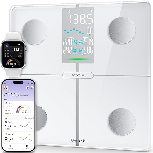 Ovutek Smart Body Fat Scale High Accurate Digital Bathroom Scale with 13 Body Composition Metrics Including BMI Muscle Mass Most Accurate to 0.05lb with Fitness App White
