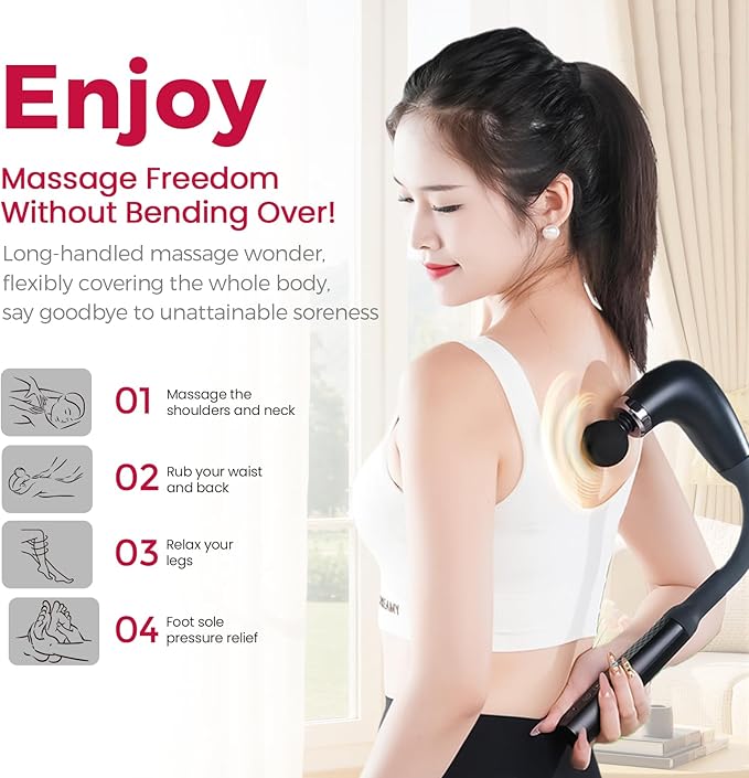 Deep Tissue Massage Gun for Back &amp Full Body – Long Handle Percussion Muscle Massager with 4 Replaceable Heads Adjustable Speeds &amp Quiet Motor – Relieve Muscle Pain Soreness &amp Stiffness