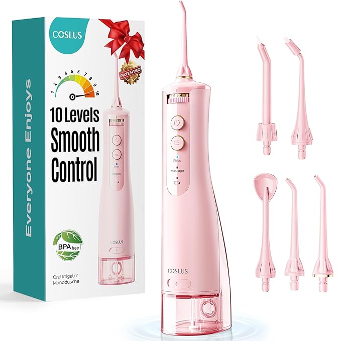 COSLUS E40 Portable Water Flosser for Teeth: 10 Pressure Settings Professional Water Dental Pick for Orthodontic Braces &amp Sensitive Gums - Cordless for Travel Use for Adults Teens BPA-Free