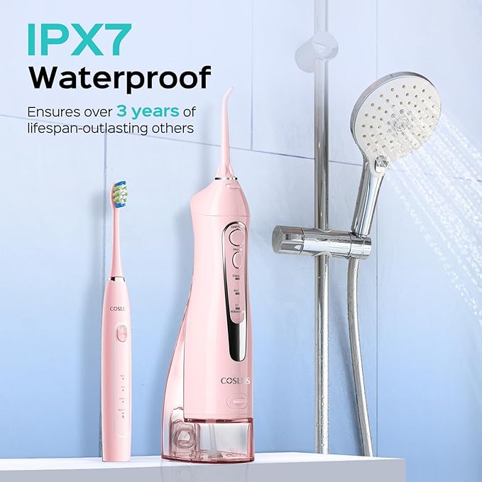 COSLUS C20 &amp C41 Portable Water Flosser with Electric Toothbrush Combo: 2-in-1 Oral Clean Kit for Teeth Braces Gums Care - Brushing &amp Flossing for Adults Family Travel Use BPA-Free Pink