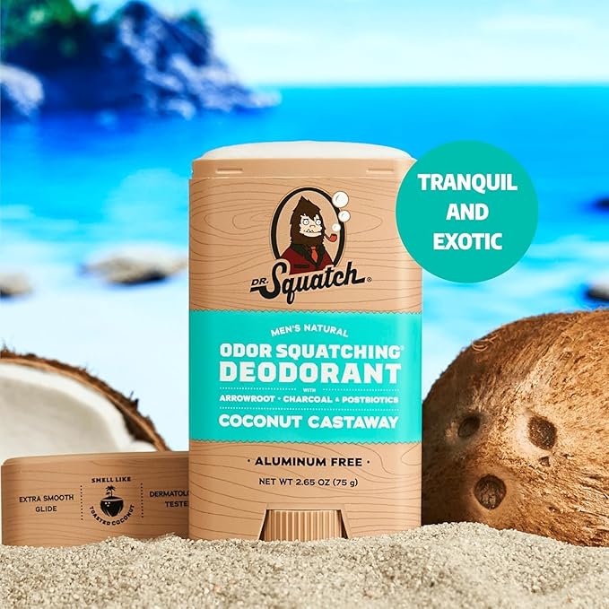 Dr. Squatch Natural Men’s Deodorant – Aluminum Free Natural Deodorant Men with Charcoal &amp Postbiotics for 72-Hour Odor Protection – Coconut Castaway 2.65oz Stick (3-Pack)