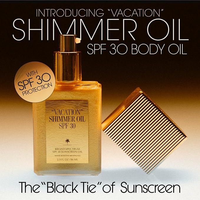 VACATION Shimmer Oil SPF 30 by Vacation Shimmering Body Sunscreen Water-Resistant Enhances All Skin Tones Dermatologist-Tested Vegan Travel Size 2.9 Fl. Oz.