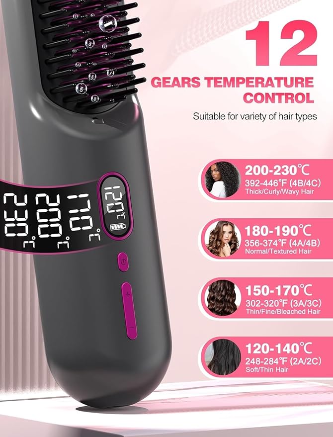 Cordless Hair Straightener Brush for TravelMini Hair Straightener Comb with Negative IonPortable hot Brush Hair Straightener for Women Rechargeable 9600mAh Battery Anti-Scald12 Temp-Setting(Grey)