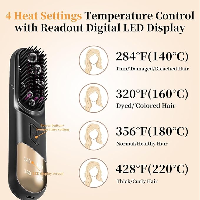 Go Brush Pro3-in-1 Cordless Negative Ion Hair StraightenerPortable Hair Straightener Comb 4 Temps Fast Heating Mch Ceramic CoatingAnti-Scalding Comb TeethSmoothes Frizz (Black)