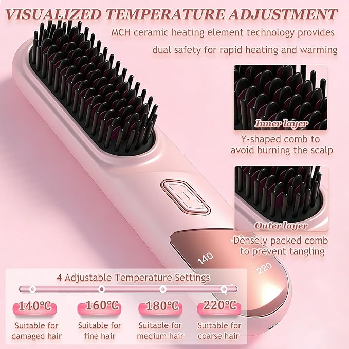 Go Brush Pro Portable Hair Straightener Brush Cordless Negative Ion Hair Straightener Comb 4 Temps Fast Heating MCH Ceramic Coating Multi-Functional Brush for All Hair Types (Black)