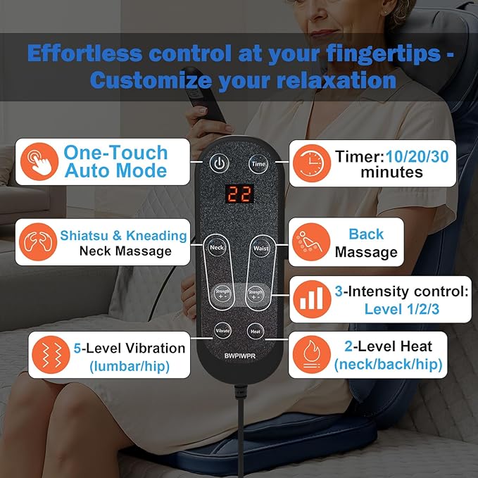 Shiatsu Massage Cushion for Neck and Back with Heat - 4D Kneading Vibration for Relief Muscle Tension Dual-Neck Design Adjustable Intensity and Height for Office Chair Home Use Navy Blue