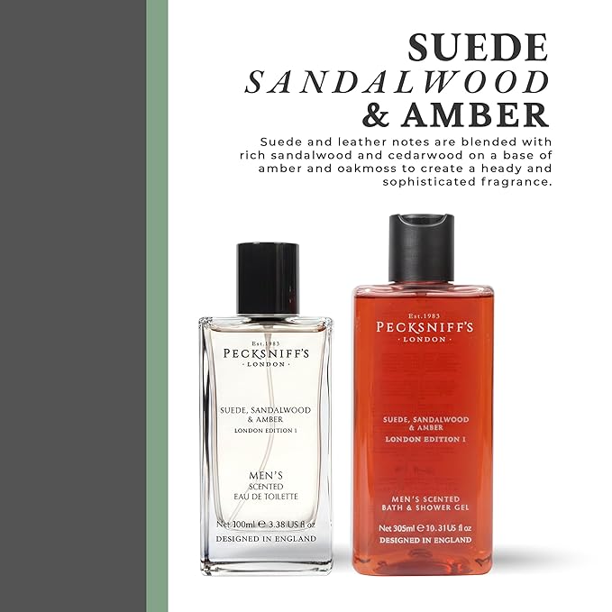 Pecksniff’s Men’s London Edition Fragrance Duo Gift Set – Suede Sandalwood &amp Amber Eau de Toilette 100ml &amp Bath &amp Shower Gel 300ml