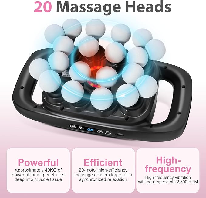 20-Head Massage Gun Set Deep Tissue Portable Percussion Massager with 3 Modes &amp 30 Intensities Muscle Massager for Legs Waist Back Pain Relief Quiet Electric Massage Tool for Home &amp Gym