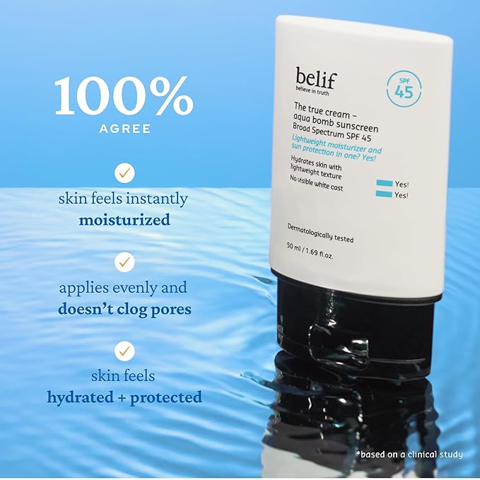 belif Aqua Bomb SPF 45 Hydrating Niacinamide Sunscreen (1.69 fl. oz) - The True Cream PA++++ Daily Broad Spectrum No White Cast Weightless &amp Invisible Non-Greasy Korean Skincare | Hydrating