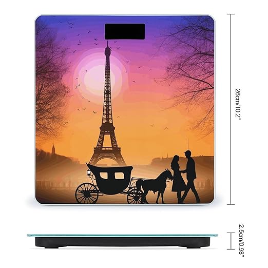Valentine Paris Eiffel Tower Romantic Couple Carriage Sunset Silhouette Scale for Body Weight Anti-slip Sturdy Tempered Glass Weighing Machine Highly Digital Accurate Bright LCD Bathroom Scale for Hou