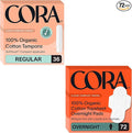 Cora Organic Feminine Care | Applicator Tampon Multipack and Ultra Thin Overnight Pads with Wings | Ultra-Absorbent Unscented Natural Non-Toxic | 36 Tampons 72 Pads | Bundle Pack