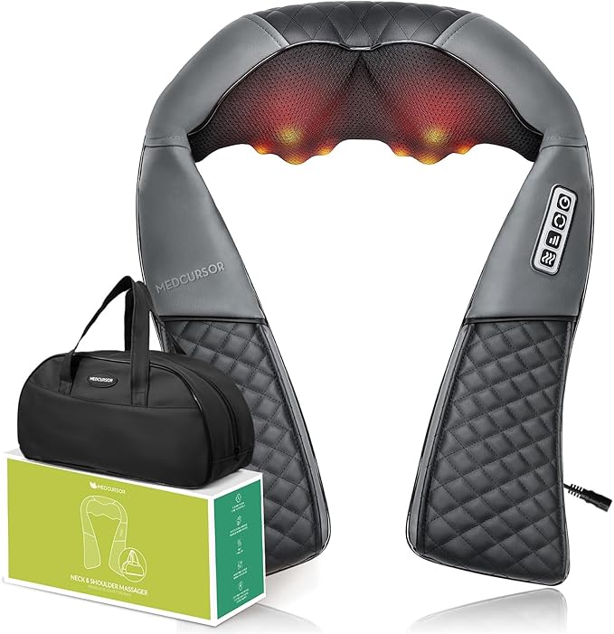 Medcursor Neck Massager - Portable Electric Shiatsu Back Massage Device with Heat Deep Tissue 3D Kneading Pillow for Muscle Pain Relief Valentines Day Gifts - Includes Carry Bag (No Battery)