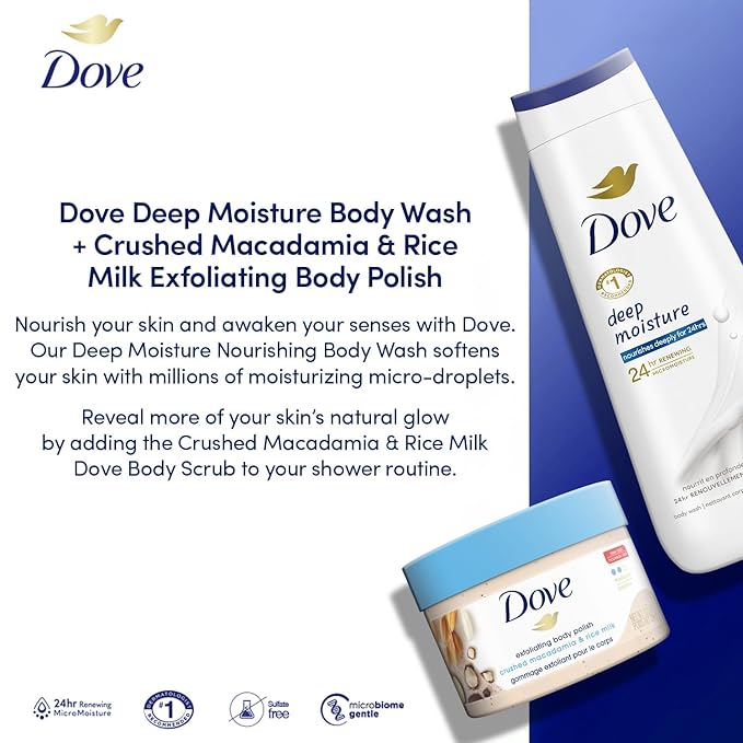 Dove Nourishing Care Gift Set – Deep Moisture Body Wash + Crushed Macadamia &amp Rice Milk Exfoliating Body Polish (2 Piece Set)