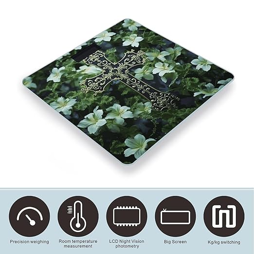 Black Cross Among Green Flowers Scale for Body Weight Anti-Slip Sturdy Tempered Glass Weighing Machine Highly Digital Accurate Bright LCD Bathroom Scale for Household Gift
