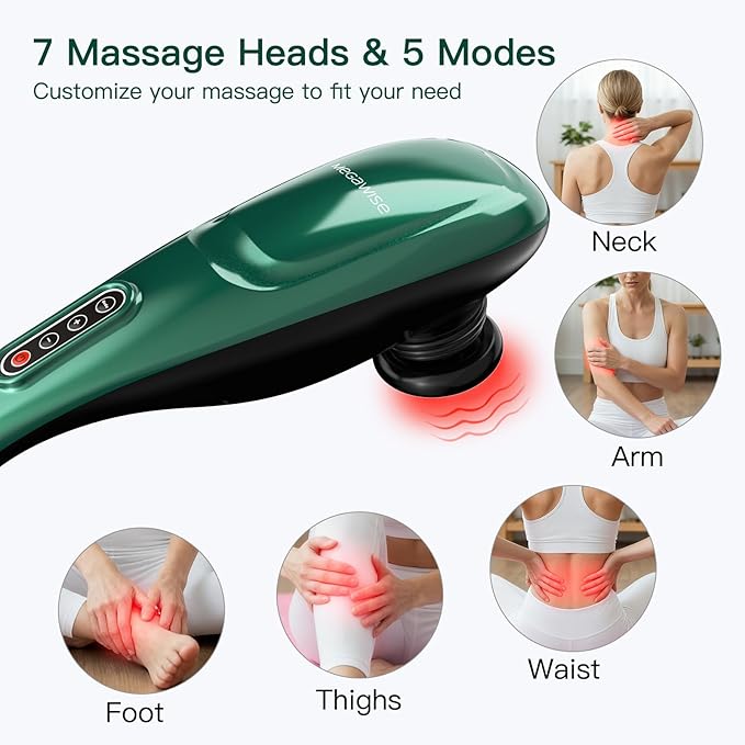 MEGAWISE Handheld Back Massager w/Rechargeable 3200mAh Battery 5 Speed and 5 +2 Massage Nodes with Hard (Dark Green)