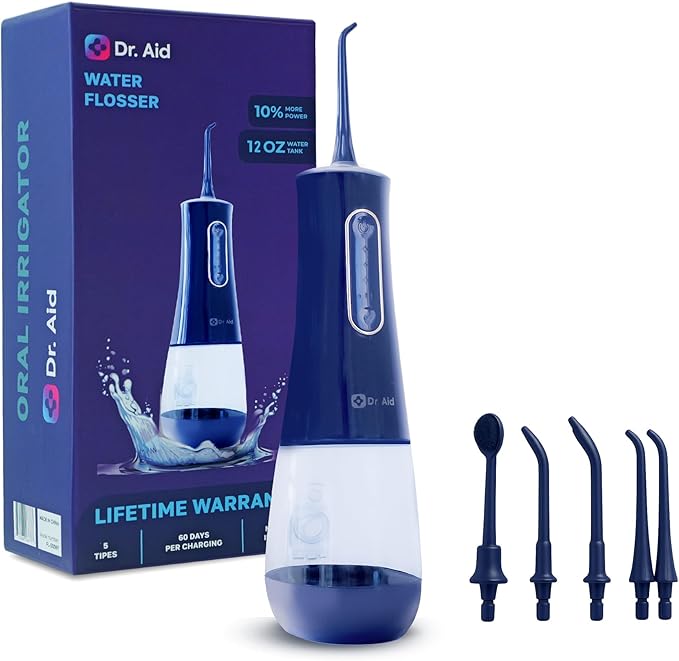 Dr. Aid Portable Water Flosser - Dental Oral Irrigator for Travel with 12Oz Tank Filter 5 Tips Type C Charger - IPX8 Waterproof Electric Flosser - Water Flossers for Teeth Gums Braces (Blue)