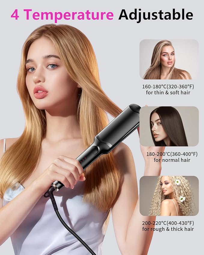 Hair Crimper Waver Professional Hair Straightener Beach Waves Curling with 4 Interchangeable Ceramic Plates | Auto Temp Control for All Hair Types | Quick Heat Wide Plate Styling Tool &amp Straighte