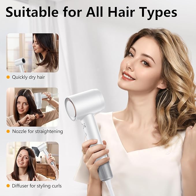 Hair Dryer 160000 RPM Professional High-Speed Blow Dryer 500 Millions Negative Ionic Care Hair Dryer for Fast Drying Low Noise Thermo-Control Hairdryer Travel with Magnetic Diffuser &amp Nozzle W