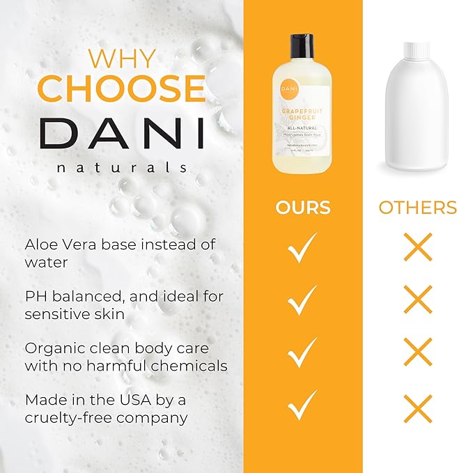 DANI Naturals Moisturizing Body Wash - Grapefruit Ginger Scent Organic Aloe Vera &amp Glycerin Sulfate-Free Vegan pH-Balanced 12 oz - Refreshing Moisturizing Shower Gel for Soft Skin