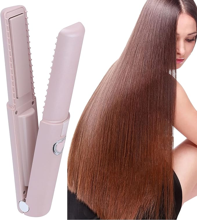 Mini Portable Flat Iron Negative Ion Home Flat Iron CurlerHair Straightening Iron Curls Bangs Worldwide Use for Travel (Pink)