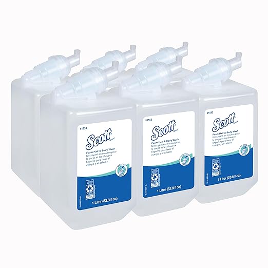 Scott Professional Foam Hair and Body Wash (91553) 1.0 L Foaming Light Blue Fresh Scent Manual Refills (6 Bottles)