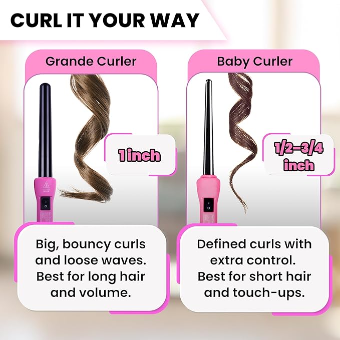 HerStyler Grande Ceramic Curling Iron - 1 inch Pink (Curling Wand for Long Short Hair Dual Voltage Negative Ions Tapered Barrel User Friendly PF30)